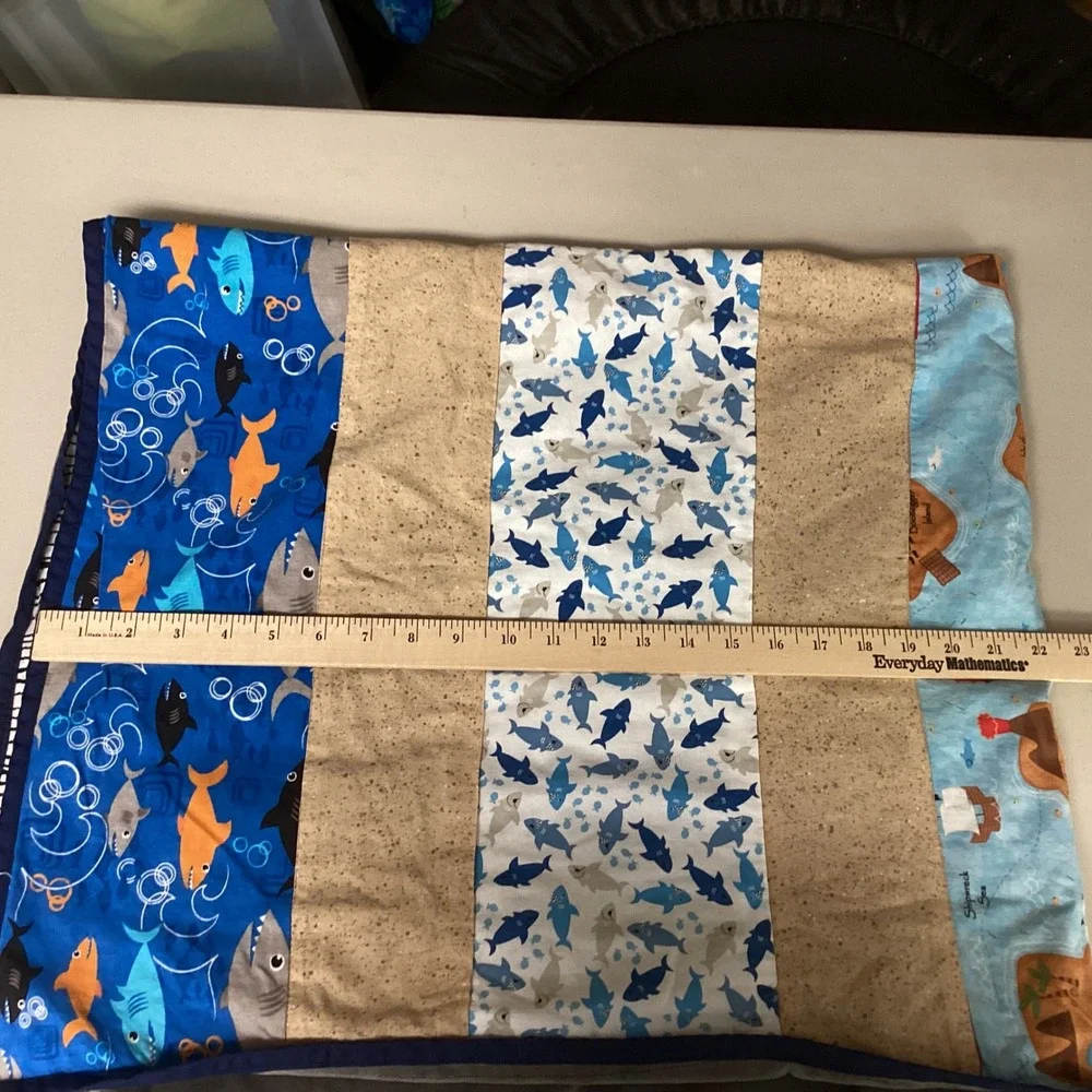 Kids Shark Pirate FishQuilt Blanket Blue Red Multi Beach Ocean Theme 44‎ x 40